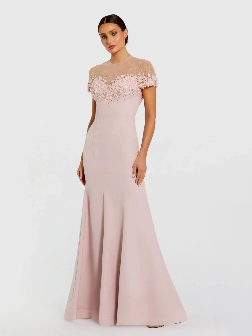 Mac Duggal 11867 Pink Crepe Mermaid Gown With Beaded Illusion Neck Size 14 NWT